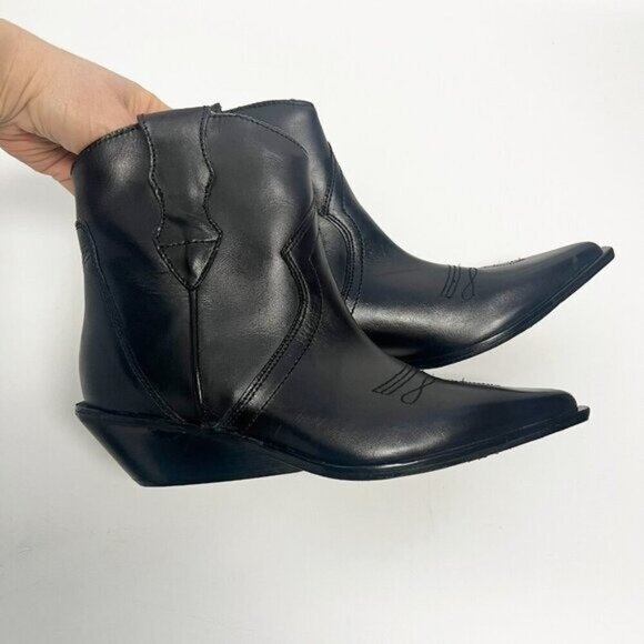 ZARA LEATHER COWBOY ANKLE BOOTS WITH SHORT LEG BLACK SIZE 6 36 New - Picture 1 of 16